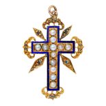 A diamond and split pearl and gold and blue enamel cross, late 19th c, in gold, 36mm h, 4.3g