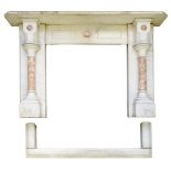 A Victorian Carrara marble chimneypiece, with cut cornered shelf and breccia marble pillars before
