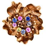 A multi gem flower brooch, in gold, 39mm, unmarked, 15g Good condition