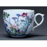 A Chinese export moulded blue and white coffee cup with 'clobbered' decoration, 18th/19th c,  62cm h