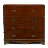 A Victorian teak military secretaire chest of drawers, in two halves, with brass corners and flush