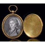 French School, late 18th c - Portrait Miniature of a Young Man, graphite on parchment, oval, 43mm,