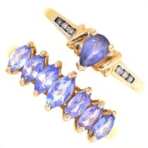 A seven stone navette tanzanite ring, in gold, marked 10ct and a pear shaped  tanzanite ring with