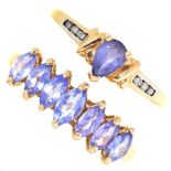 A seven stone navette tanzanite ring, in gold, marked 10ct and a pear shaped  tanzanite ring with