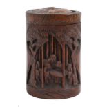 A Chinese carved bamboo tea caddy and cover, early 20th c, with lidded tin liner, 16.5cm h