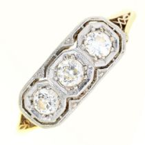 A three stone diamond ring, with old cut diamonds, gold hoop apparently unmarked, 1.9g, size R