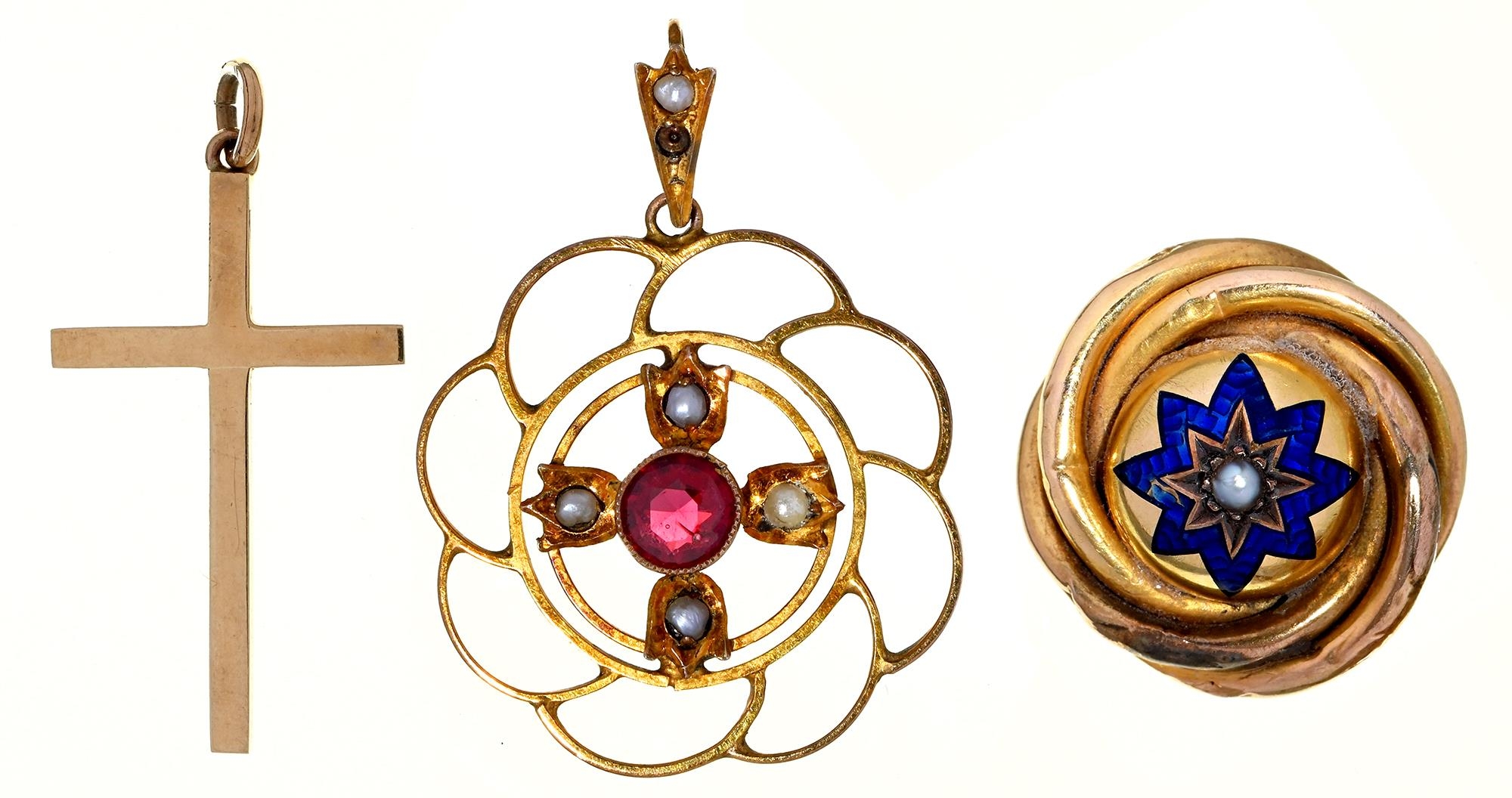 A Victorian split pearl and gold and black enamel mouring brooch,  of knot design, locket back, 21cm