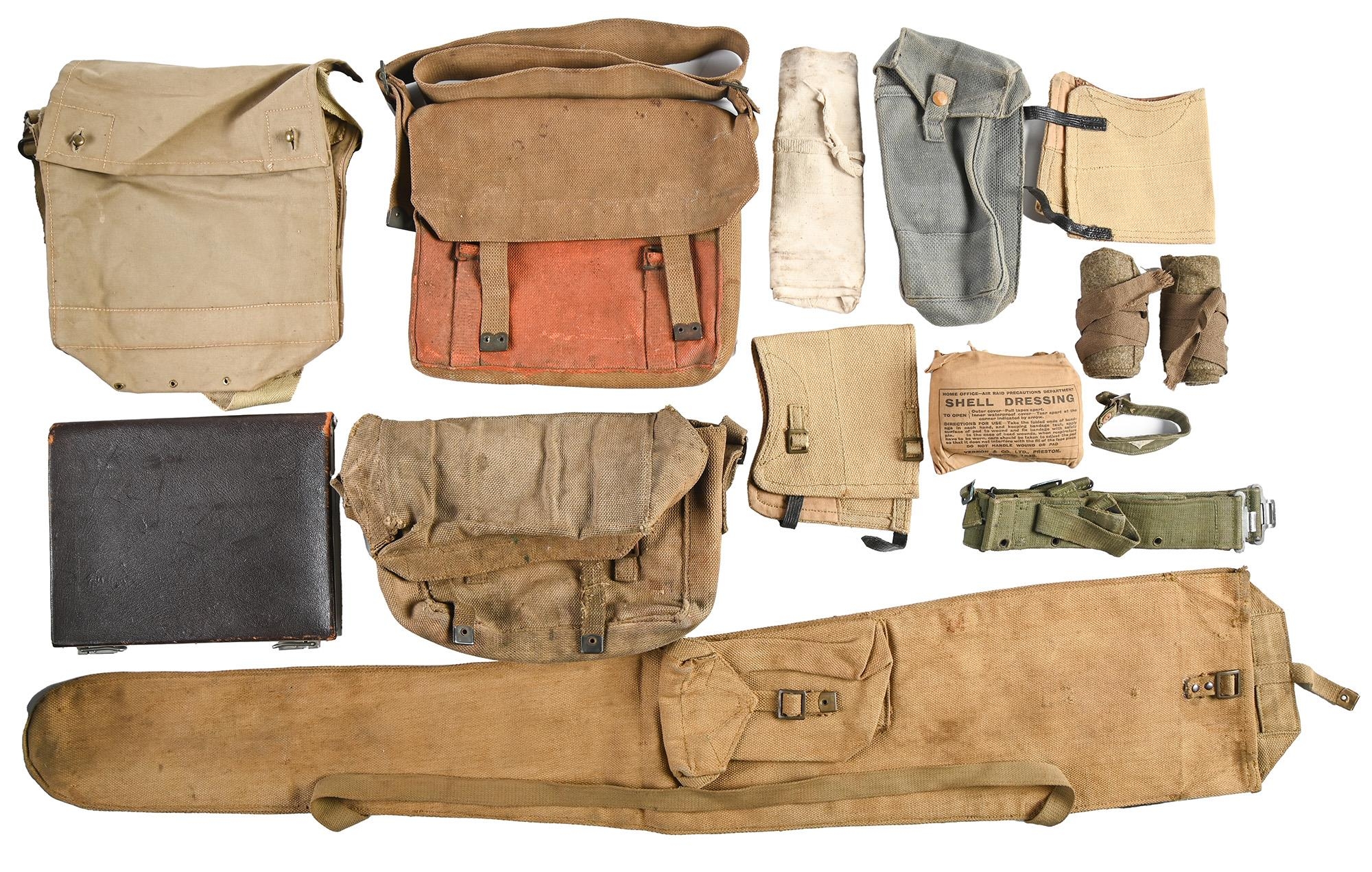 Miscellaneous WWII British Army clothing, a WWI canvas satchel and a plated metal framed leather