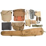 Miscellaneous WWII British Army clothing, a WWI canvas satchel and a plated metal framed leather