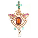 A diamond, ruby, emerald and citrine brooch-pendant, in gold, with pearl drop, 55mm h, 10g Slight