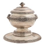 A French silver tureen, cover and stand, early 20th c, the urnular bowl with lion mask handles and