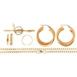 Three gold rings, 9ct or unmarked,  a pair of 9ct gold double loop earrings, a 9ct gold chain and