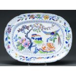 A Davenport Stone China meat dish c1820, pattern 6, with moulded gravy well, 46cm l, blue printed