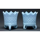 A pair of   Sowerby press moulded pale blue glass vases, 85mm h, moulded peacock mark and PODR