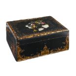 A Victorian papier mache writing box, with fitted interior, decorated with flowers and gilt, 31cm l