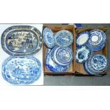 Miscellaneous British blue printed earthenware dishes and plates, early 19th c and later Many