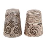 Two Portuguese silver filigree thimbles, 24mm, control marks, one import marked Birmingham 1991, 6.