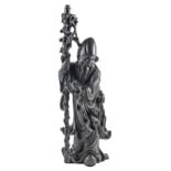 A Chinese rosewood figure of Shouxing, c1930,  inlaid with silver wire, 80cm h excluding lamp holder
