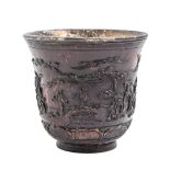 A Chinese carved horn beaker, 19th c, of bell shape with silver coloured metal liner, 78mm h Wear