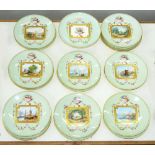 A Mintons bone china dessert service, 1874, the plates painted with rectangular etched gilt framed