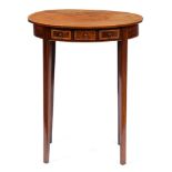 A George III oval mahogany occasional table, crossbanded in sycamore and broken line inlaid,