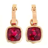 A pair of cushion shaped red tourmaline earrings, in 18ct gold, 27mm h, London 2016, 8.7g Good