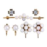 A pearl bar brooch,  in gold, 41mm l, marked 585, 2.2g and three pairs of pearl and other earrings/