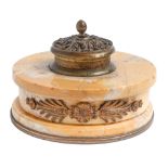 A French ormolu mounted siena marble inkwell, early 20th c,  11cm diam Gilding worn and dusty, one
