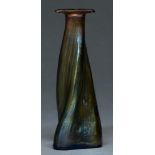 A Bohemian iridescent glass vase, c1905,  of propeller form with shaped triangular neck, 17.5cm h