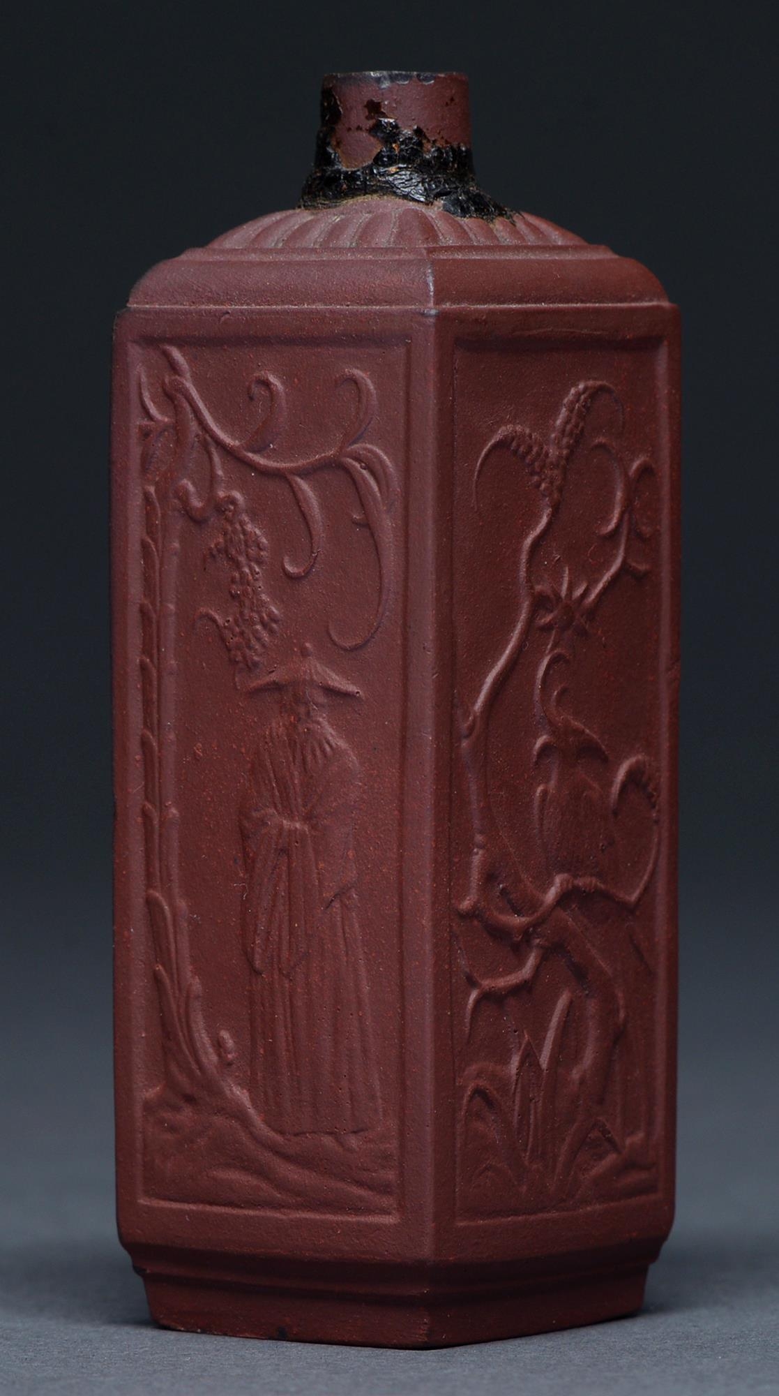 A rare Elers Brothers red stoneware tea canister, 1690-98, slip cast and moulded in relief in the - Image 2 of 2