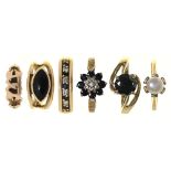 Six gold rings, variously gem set, 9ct or marked 9ct, 16g, sizes F,J,K,O