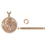 A 9ct gold St Christopher pendant, 26mm diam, Birmingham 1978, a 9ct gold chain and a tie pin,