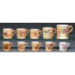 Ten Royal Worcester miniature mugs, late 19th / early 20th c, printed and painted with flowers on