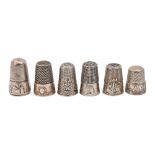 Six silver thimbles, French and probably so, late 19th c, 25mm and smaller, 19dwts Slight wear but