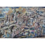 British School, 20th c - Village Scene, indistinctly signed and titled, dated 1973, mixed media on