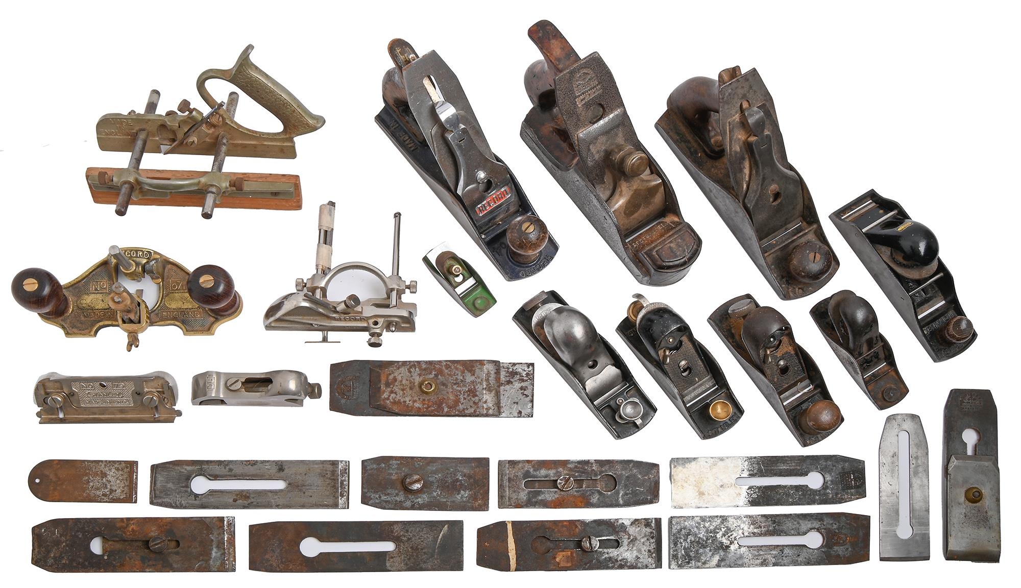 Twelve Record and other steel, brass and alloy planes and miscellaneous irons