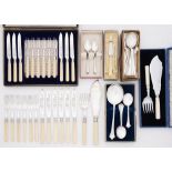 A set of six bone hafted EPNS dessert knives and forks, cased and miscellaneous plated flatware