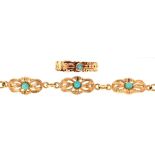 A Victorian gold triple ring, two of the chased hoops set with a hand, one with turquoise and a