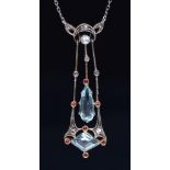 A Russian aquamarine, diamond, pearl and ruby pendant, with larger lozenge and pear shaped