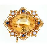 A Victorian sapphire, split pearl and citrine cannetille brooch, 27mm l, 5g Good condition