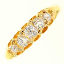 A diamond five stone ring, with old cut diamonds, in gold, apparently unmarked, 3g, size M Wear