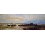 S E Roune - Low Tide, signed, oil on canvas laid on board, 31 x 85cm Good condition