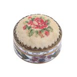 A Chinese cloisonne enamel pill box with pin cushion lid, 35mm diam Good condition