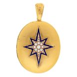 A Victorian gold locket, with split pearl set gold and blue enamel star to the front, 43mm h, 22.