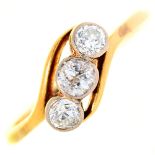A three stone diamond ring, gold hoop marked 18ct PLAT, 2.7g, size R Good condition