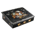 A Victorian papier mache writing box, with sloping lid and fitted interior, decorated in mother of