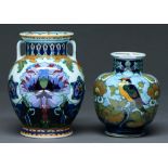 Two Rosenburg art pottery vases, c1910, painted with birds or stylised flowers, 13.5 and 17cm h,