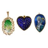 Three French giltmetal and enamel pendants,  heart shaped example 38mm h, two signed on the