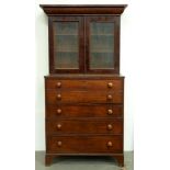 A George III oak secretaire chest and associated Victorian mahogany bookcase, with etched glass