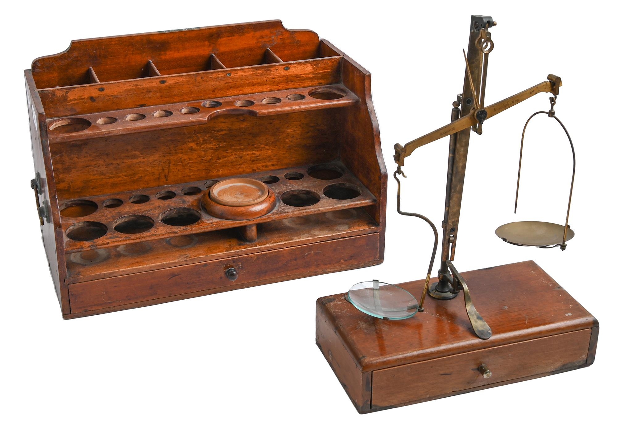 A pharmacist's mahogany bottle stand and boxwood pill silverer, S Maw, Son & Sons,  with drawer